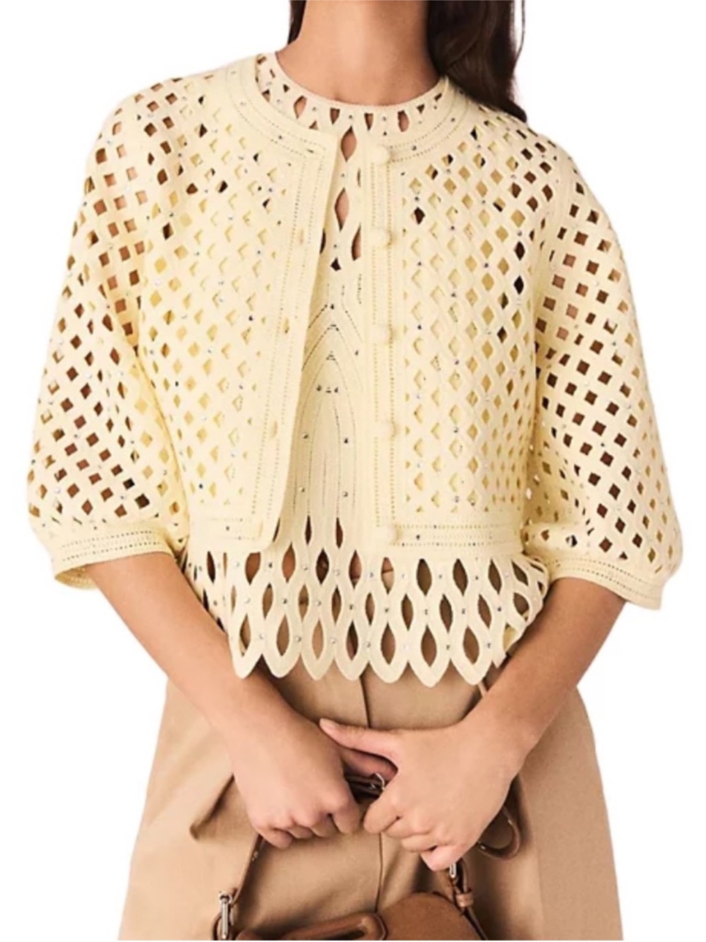Maje Musselyna Yellow Crochet Cardigan